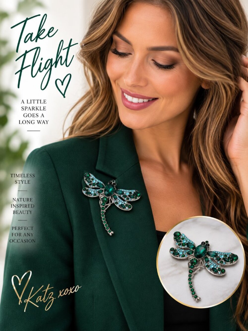 Emerald Green Dragonfly Brooch Silver Rhinestone Crystal Insect Statement Pin
